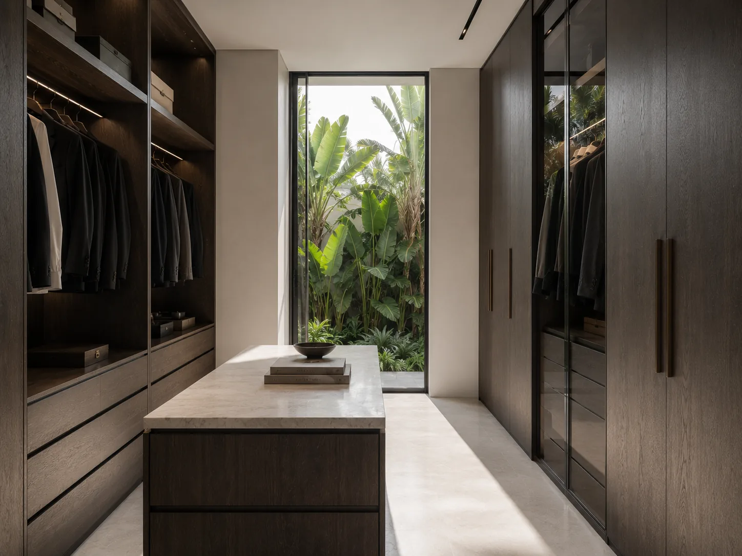 Walk-in closet with a window — timber joinery, an island, warm shaft of daylight across the room