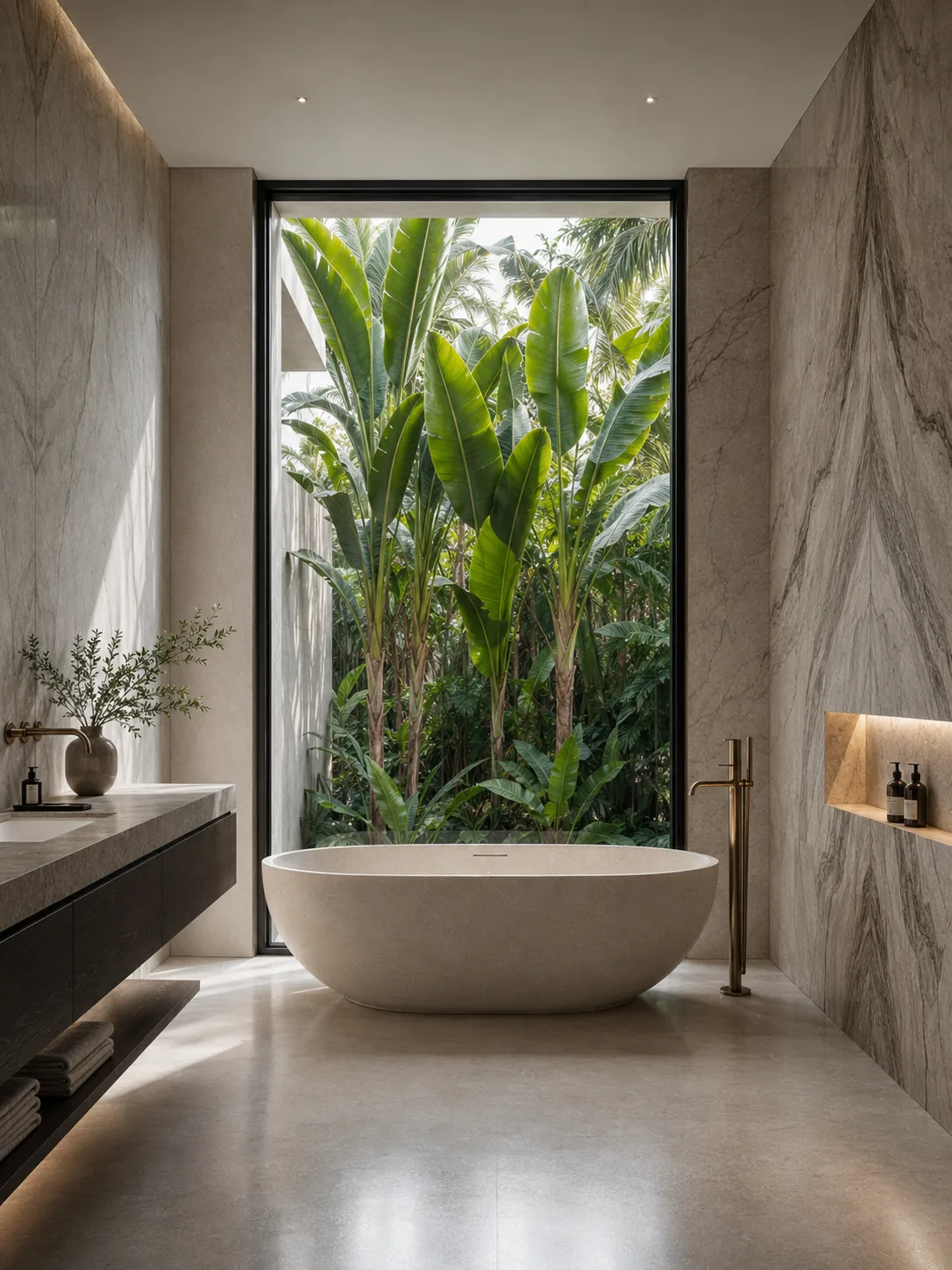 En-suite bathroom — freestanding tub against full-height window framing greenery, premium book-matched stone