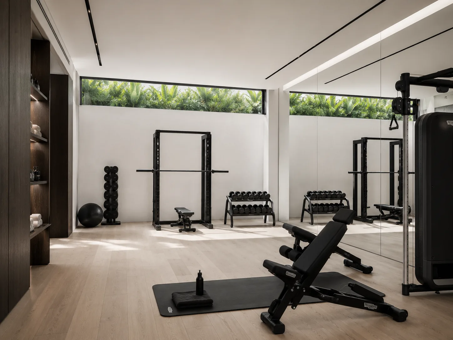 Private gym — bright mirrored space with daylight from a high window, fully equipped, clean and disciplined