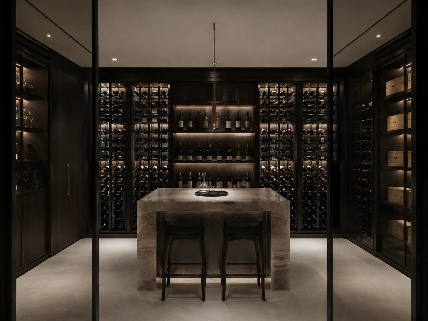 Wine cellar — a glass-walled backlit jewel-box, bottles arranged like an installation against dark cabinetry