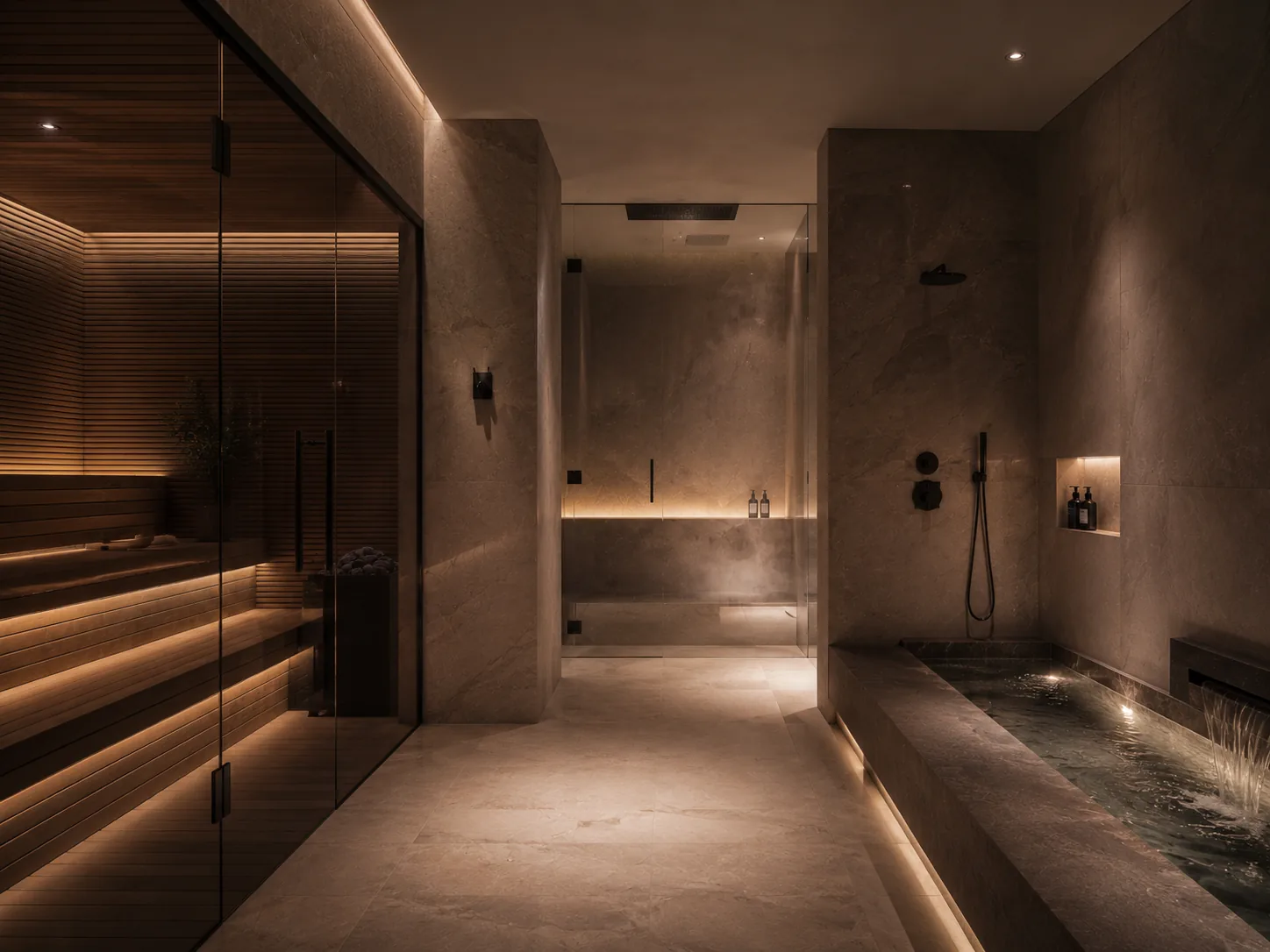 Spa and sauna — serene low light on natural stone and timber, the close-of-day moment