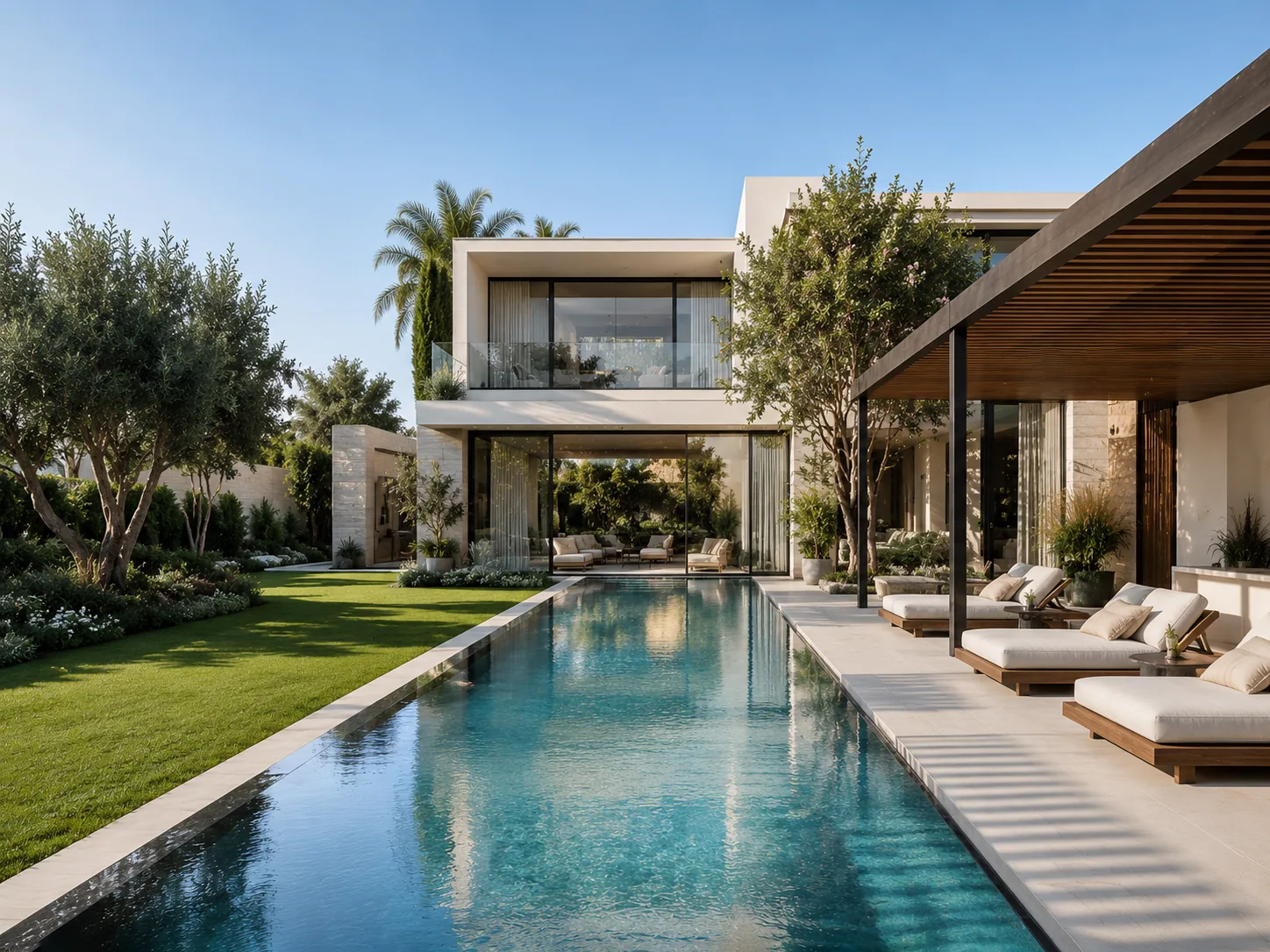 Pool stretching toward the house at golden hour — sun-loungers under a shaded pergola, manicured lawn, low warm light