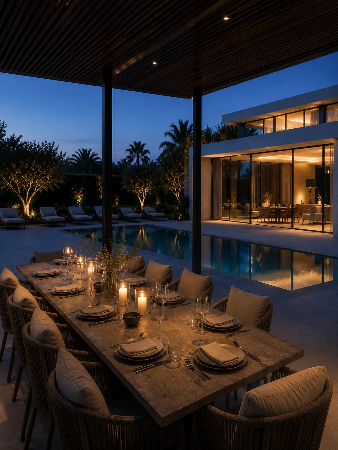 Outdoor dining table at dusk — set under ambient festoon lighting, the home glowing behind