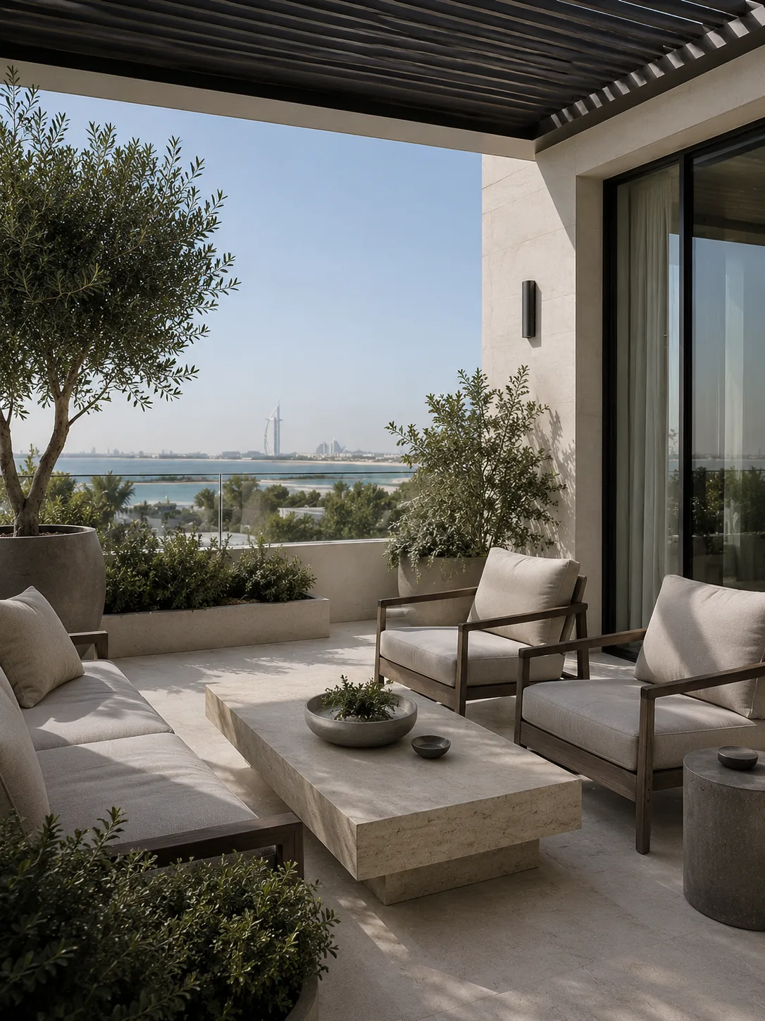 Upper terrace in the evening — intimate seating arrangement with lanterns and soft glow, the after-hours retreat