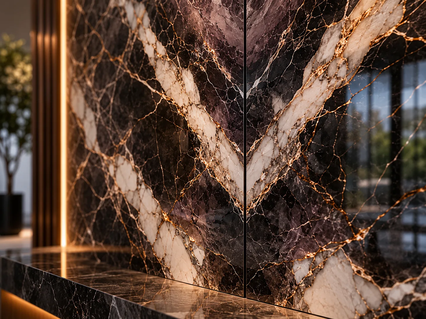 Craftsmanship detail — honed stone, dark timber, and a slim glazing reveal caught in low raking light
