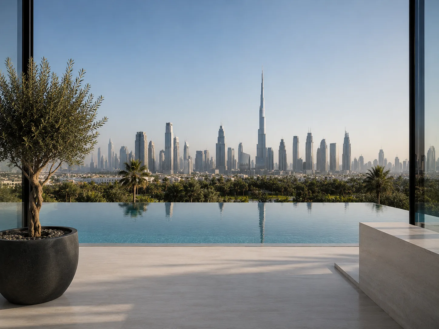 The signature view — Burj Khalifa and Downtown skyline framed by full-height glass at dusk, deep blue sky with city lights twinkling on the horizon