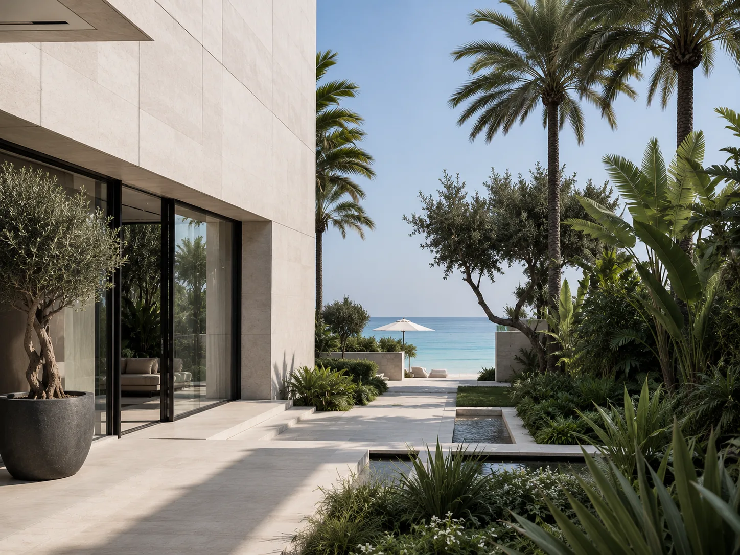 Aerial view of Pearl Jumeira — low-density island of bespoke villas ringed by turquoise Gulf water, a slim causeway connecting to mainland, Dubai skyline rising in the distance