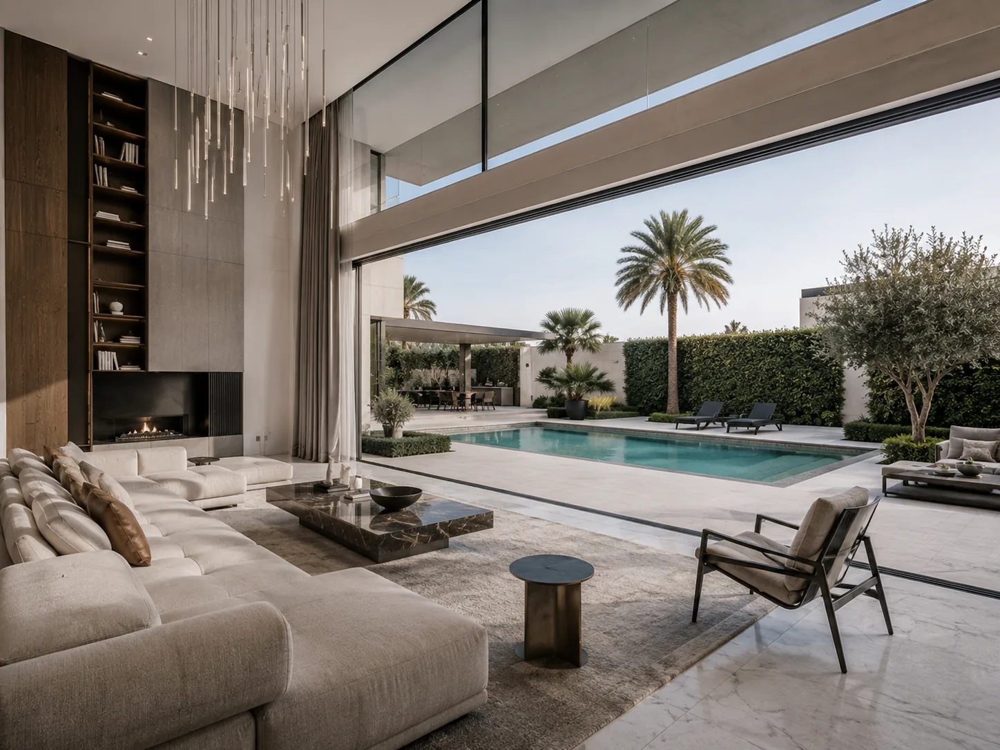 Double-height interior with full-height sliding glass fully retracted onto the garden and pool, morning light flooding the room