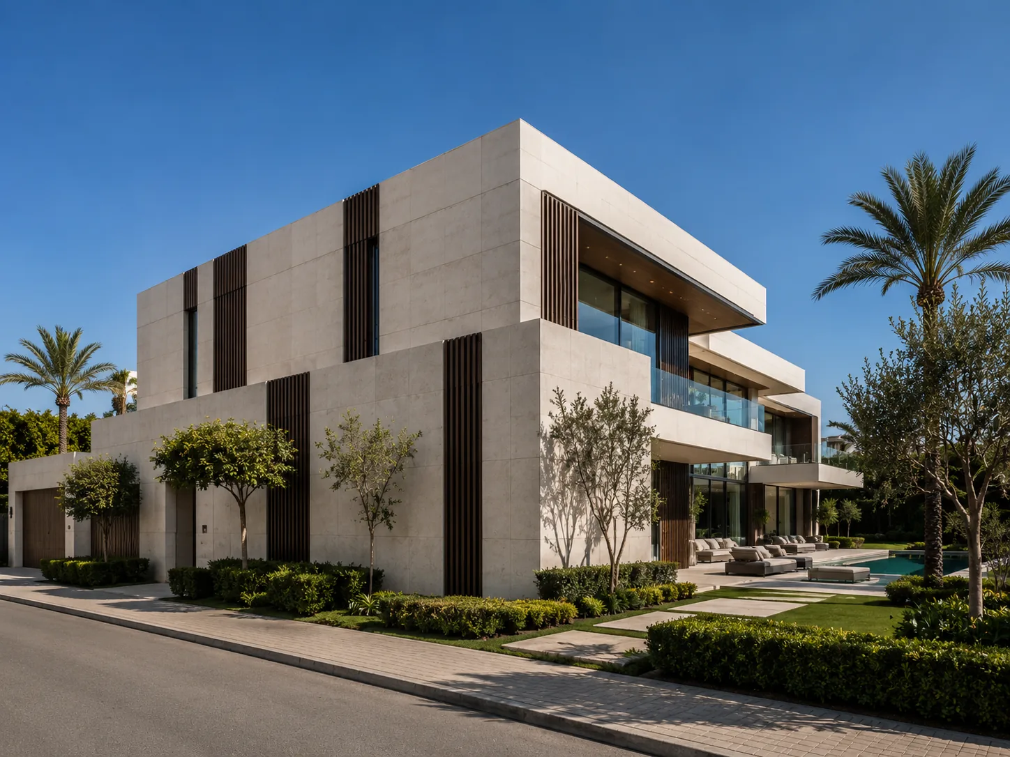 Exterior elevations — sculptural closed stone street-facing side contrasted with expanses of glass toward the garden