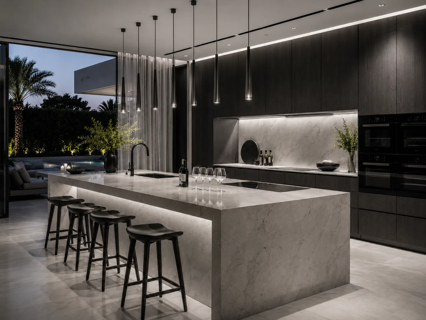 Show kitchen — sculptural island under statement pendants, polished stone, warm evening light