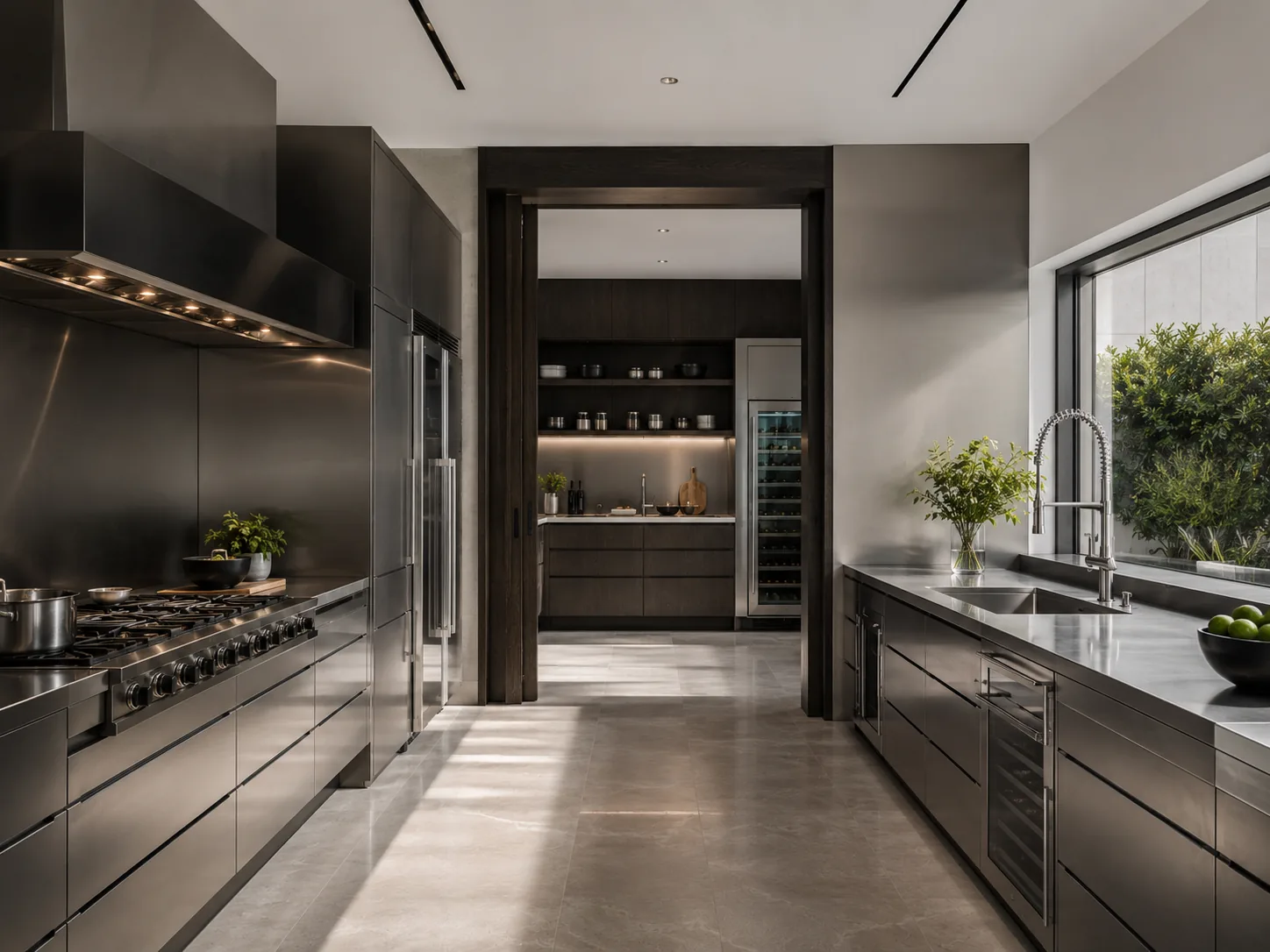 Back kitchen — fully equipped working kitchen tucked behind, cool daylight
