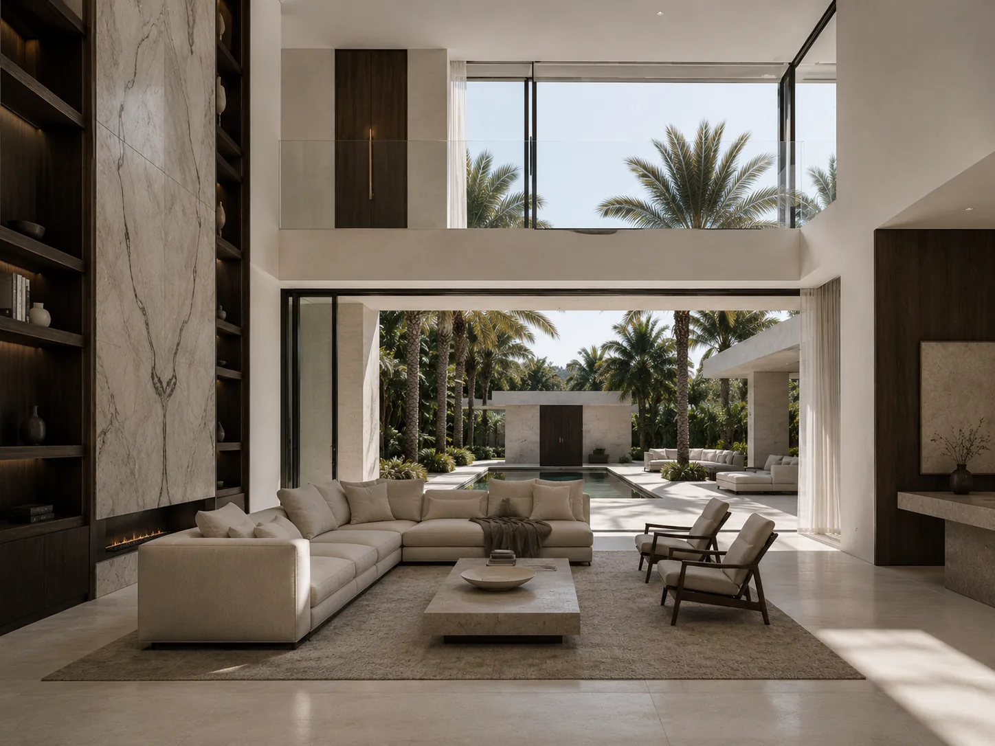 Open-plan living and dining from a low wide angle, pool and garden framed through full-height glass beyond