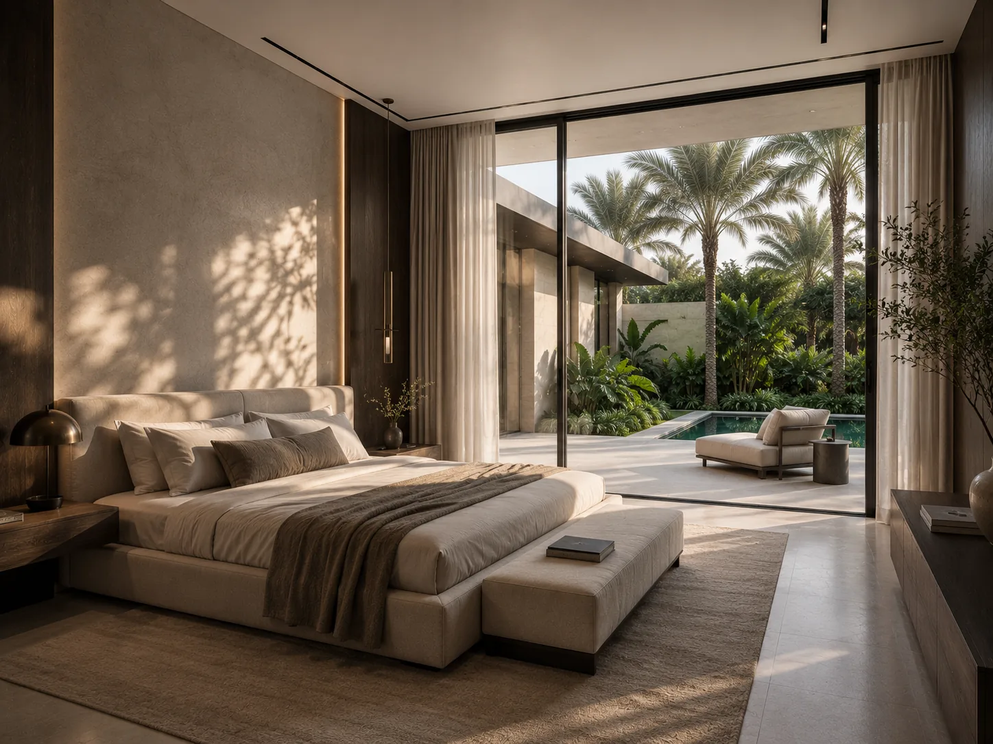 Principal bedroom at dawn — raking morning light across linen, sliver of view through full-height glass